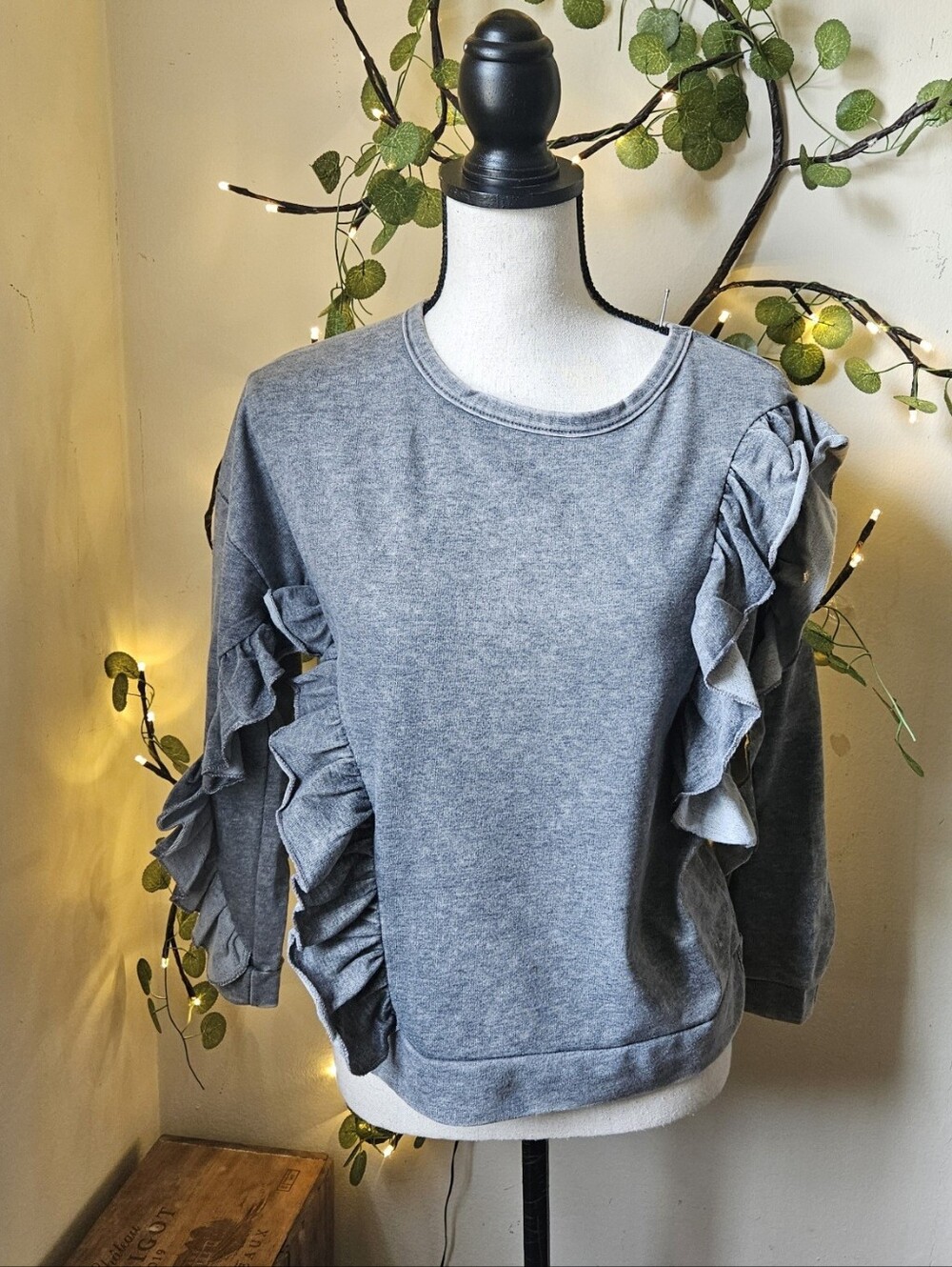 Poof! Nwt large heathered grey sweatshirt that features distinctive ruffled acce